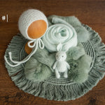 Sage Newborn Photography Props Set, Newborn Round Macrame Rug, Newborn Knitted Wrap and Bonnet, Newborn Fur Rug, Newborn Knitted Bonnet