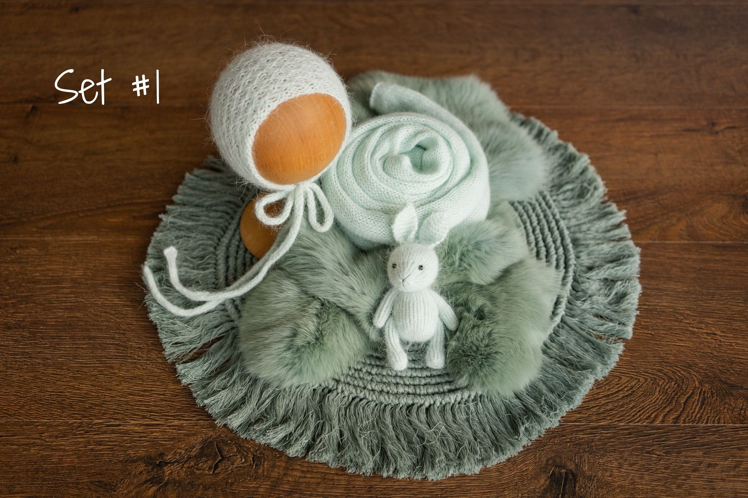 Sage Newborn Photography Props Set, Newborn Round Macrame Rug, Newborn Knitted Wrap and Bonnet, Newborn Fur Rug, Newborn Knitted Bonnet