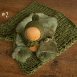 Moss Green Newborn Photography Props, Newborn Knitted Bonnet and Wool Blanket, Newborn Posing Pillow, Newborn Posing Fabric Backdrop Beanbag