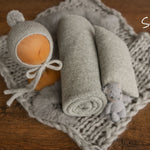 Gray Newborn Photography Props, Newborn Knitted Bonnet and Wool Blanket, Newborn Posing Pillow, Newborn Fabric Backdrop for Beanbag Pillow