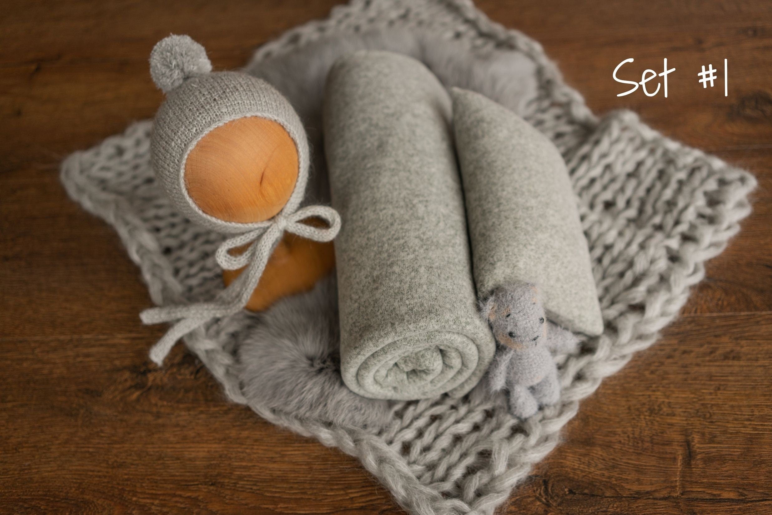 Gray Newborn Photography Props, Newborn Knitted Bonnet and Wool Blanket, Newborn Posing Pillow, Newborn Fabric Backdrop for Beanbag Pillow