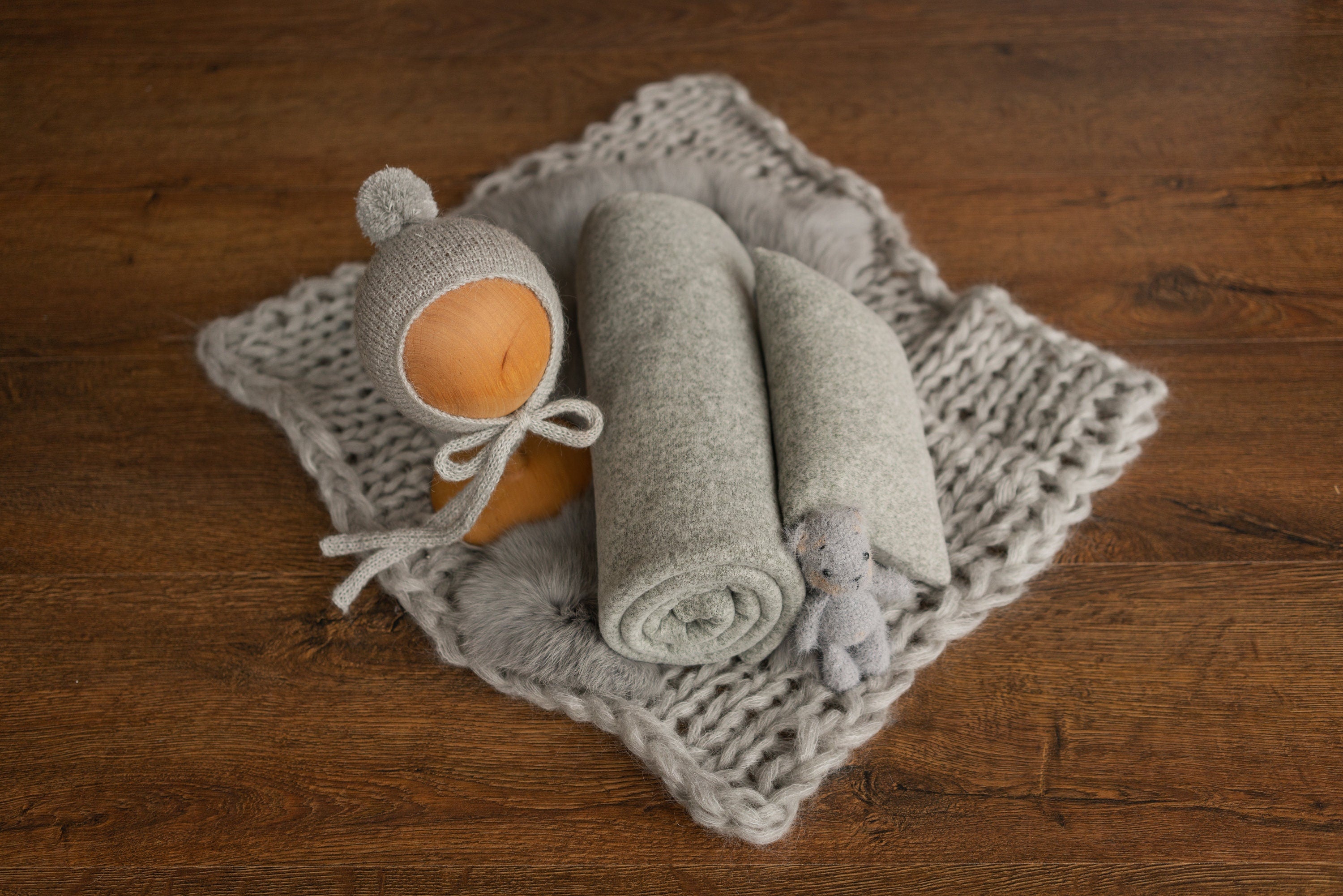 Gray Newborn Photography Props, Newborn Knitted Bonnet and Wool Blanket, Newborn Posing Pillow, Newborn Fabric Backdrop for Beanbag Pillow