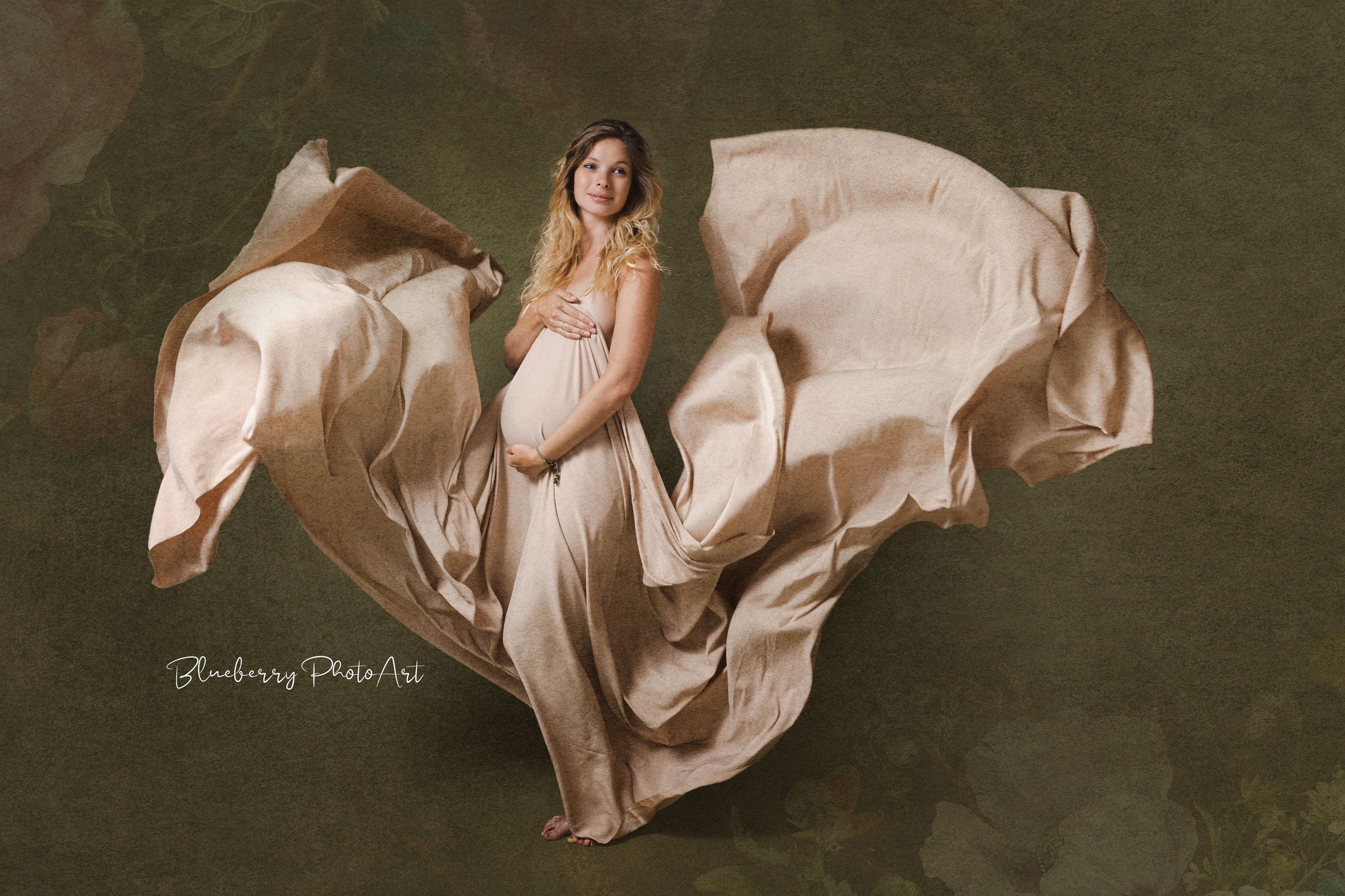Maternity Silk Fabric with Silk Flower Rose, Silk Maternity Gown, Maternity Photography prop, Maternity Tossing Fabric, Pregnancy Photo Prop