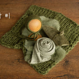 Moss Green Newborn Photography Props, Newborn Knitted Bonnet and Wool Blanket, Newborn Posing Pillow, Newborn Posing Fabric Backdrop Beanbag
