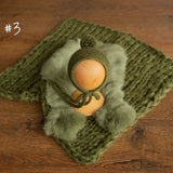 Moss Green Newborn Photography Props, Newborn Knitted Bonnet and Wool Blanket, Newborn Posing Pillow, Newborn Posing Fabric Backdrop Beanbag