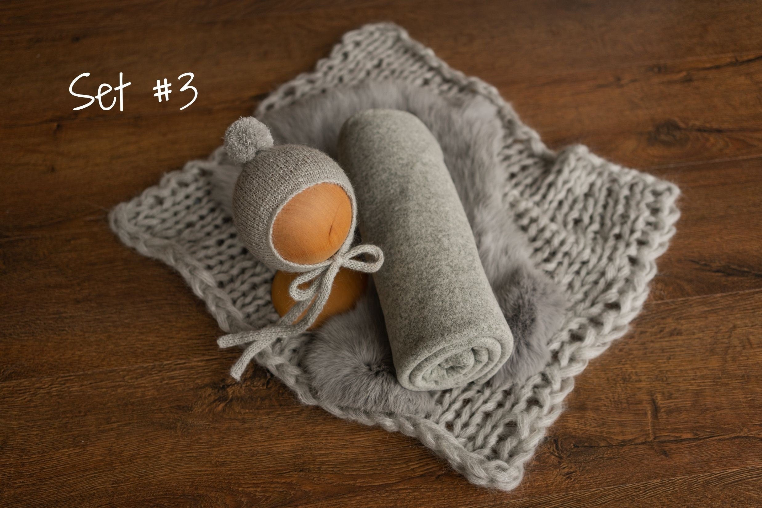 Gray Newborn Photography Props, Newborn Knitted Bonnet and Wool Blanket, Newborn Posing Pillow, Newborn Fabric Backdrop for Beanbag Pillow