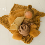 Mustard Newborn Photography Props, Newborn Knitted Bonnet and Wool Blanket, Newborn Posing Pillow, Newborn Fabric Wrap, Newborn Knit Blanket