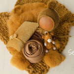 Mustard Newborn Photography Props, Newborn Knitted Bonnet and Wool Blanket, Newborn Posing Pillow, Newborn Fabric Wrap, Newborn Knit Blanket