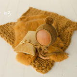 Mustard Newborn Photography Props, Newborn Knitted Bonnet and Wool Blanket, Newborn Posing Pillow, Newborn Fabric Wrap, Newborn Knit Blanket
