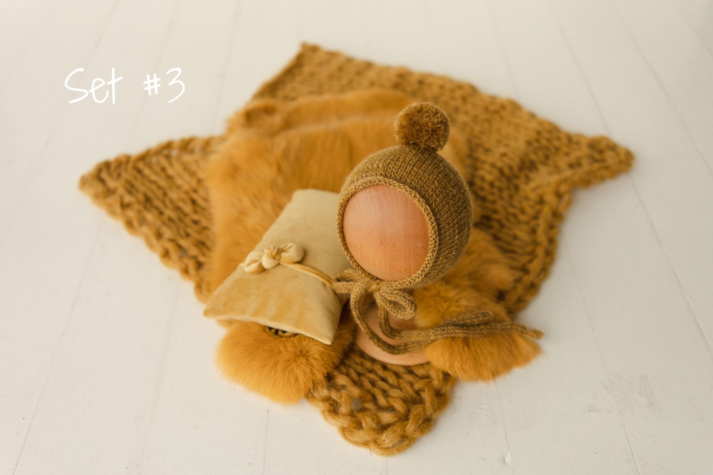 Mustard Newborn Photography Props, Newborn Knitted Bonnet and Wool Blanket, Newborn Posing Pillow, Newborn Fabric Wrap, Newborn Knit Blanket