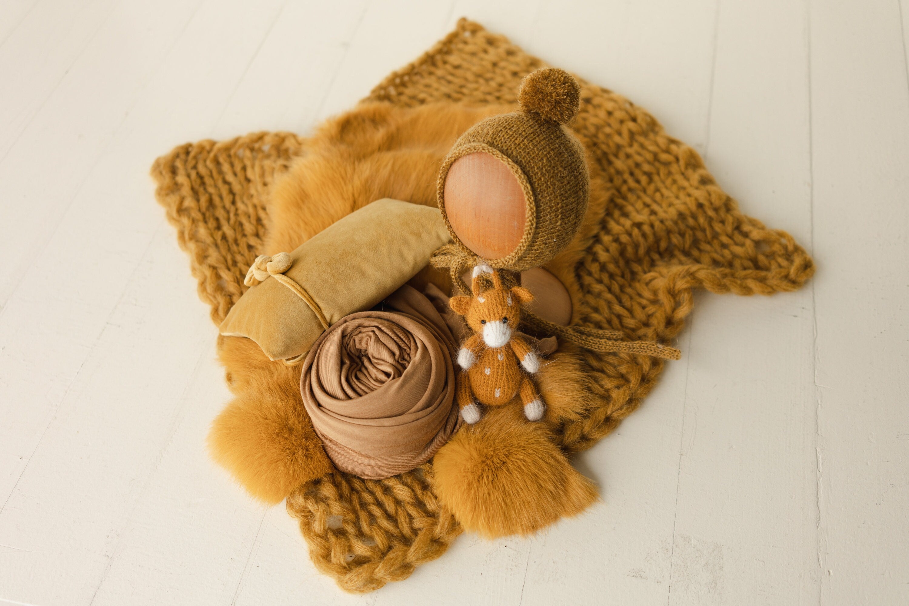 Mustard Newborn Photography Props, Newborn Knitted Bonnet and Wool Blanket, Newborn Posing Pillow, Newborn Fabric Wrap, Newborn Knit Blanket