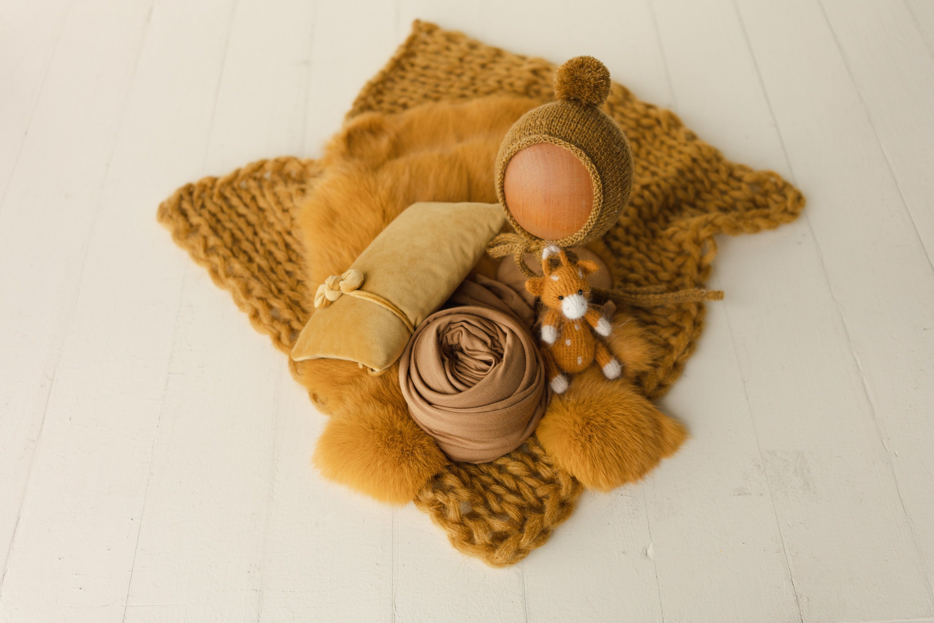 Mustard Newborn Photography Props, Newborn Knitted Bonnet and Wool Blanket, Newborn Posing Pillow, Newborn Fabric Wrap, Newborn Knit Blanket