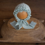 Newborn Knitted Bonnet with Pearls and Chiffon Ties, Newborn Girl Outfit, Newborn Girl Bonnet, Newborn Photography Props for Girl, Girl Hat