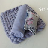 Lavender Newborn Photography Props Set, Newborn Merino Wool Blanket, Newborn Posing Pillow, Newborn Posing Fabric Backdrop for Beanbag Prop