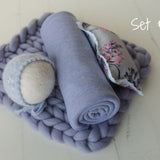 Lavender Newborn Photography Props Set, Newborn Merino Wool Blanket, Newborn Posing Pillow, Newborn Posing Fabric Backdrop for Beanbag Prop