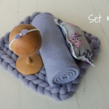 Lavender Newborn Photography Props Set, Newborn Merino Wool Blanket, Newborn Posing Pillow, Newborn Posing Fabric Backdrop for Beanbag Prop