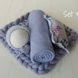 Lavender Newborn Photography Props Set, Newborn Merino Wool Blanket, Newborn Posing Pillow, Newborn Posing Fabric Backdrop for Beanbag Prop