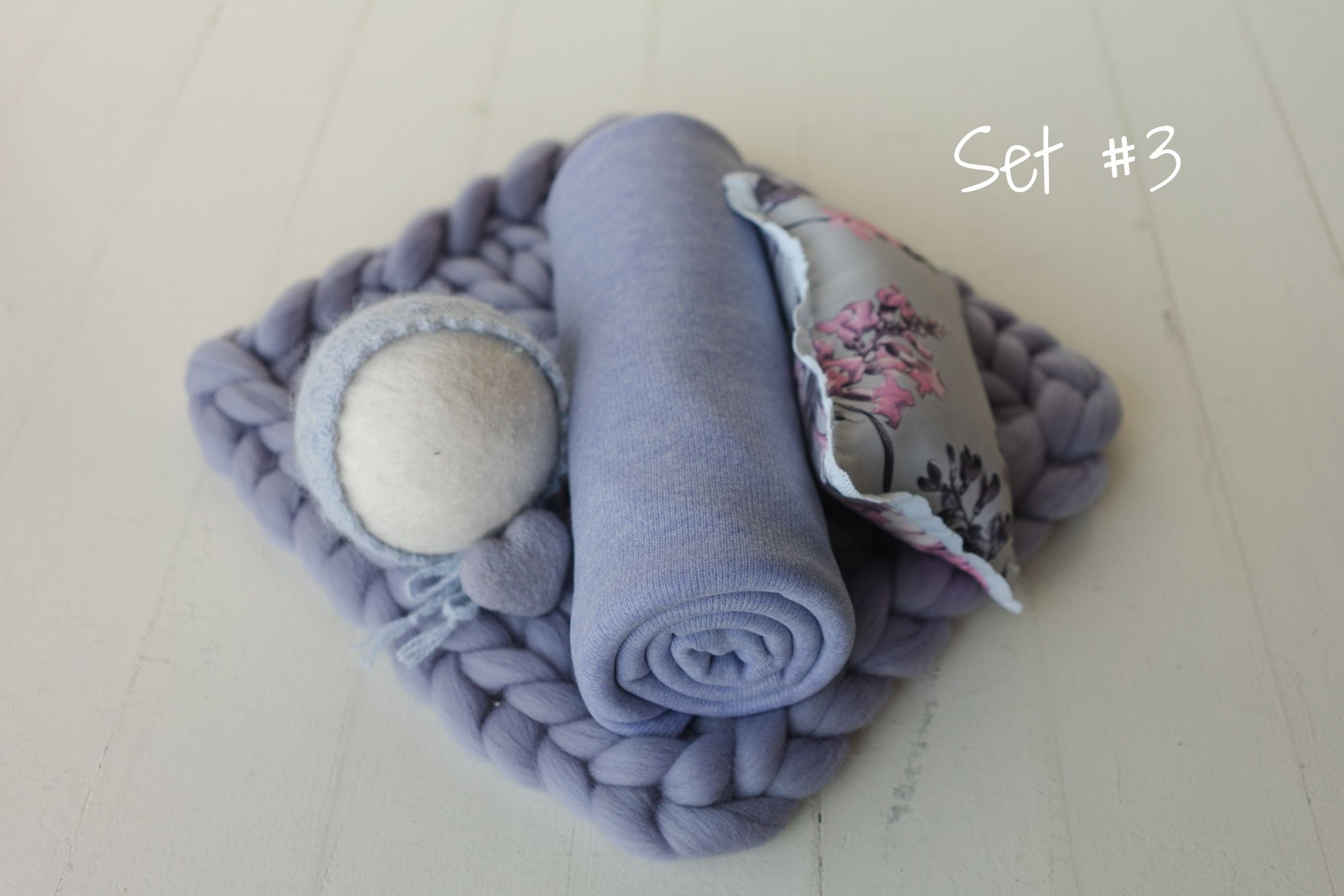 Lavender Newborn Photography Props Set, Newborn Merino Wool Blanket, Newborn Posing Pillow, Newborn Posing Fabric Backdrop for Beanbag Prop