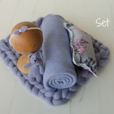 Lavender Newborn Photography Props Set, Newborn Merino Wool Blanket, Newborn Posing Pillow, Newborn Posing Fabric Backdrop for Beanbag Prop