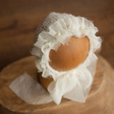 Newborn Knitted Bonnet with Pearls and Chiffon Ties, Newborn Girl Outfit, Newborn Girl Bonnet, Newborn Photography Props for Girl, Girl Hat