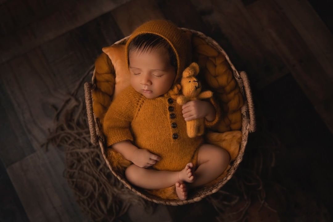 Mustard Newborn Photography Props Set,Newborn Merino Wool Blanket,Newborn Knitted Wrap and Bonnet set,Newborn Posing Pillow,Newborn Outfit