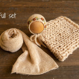 Newborn knitted bonnet, wrap, and blanket set – soft airy yarn for photography