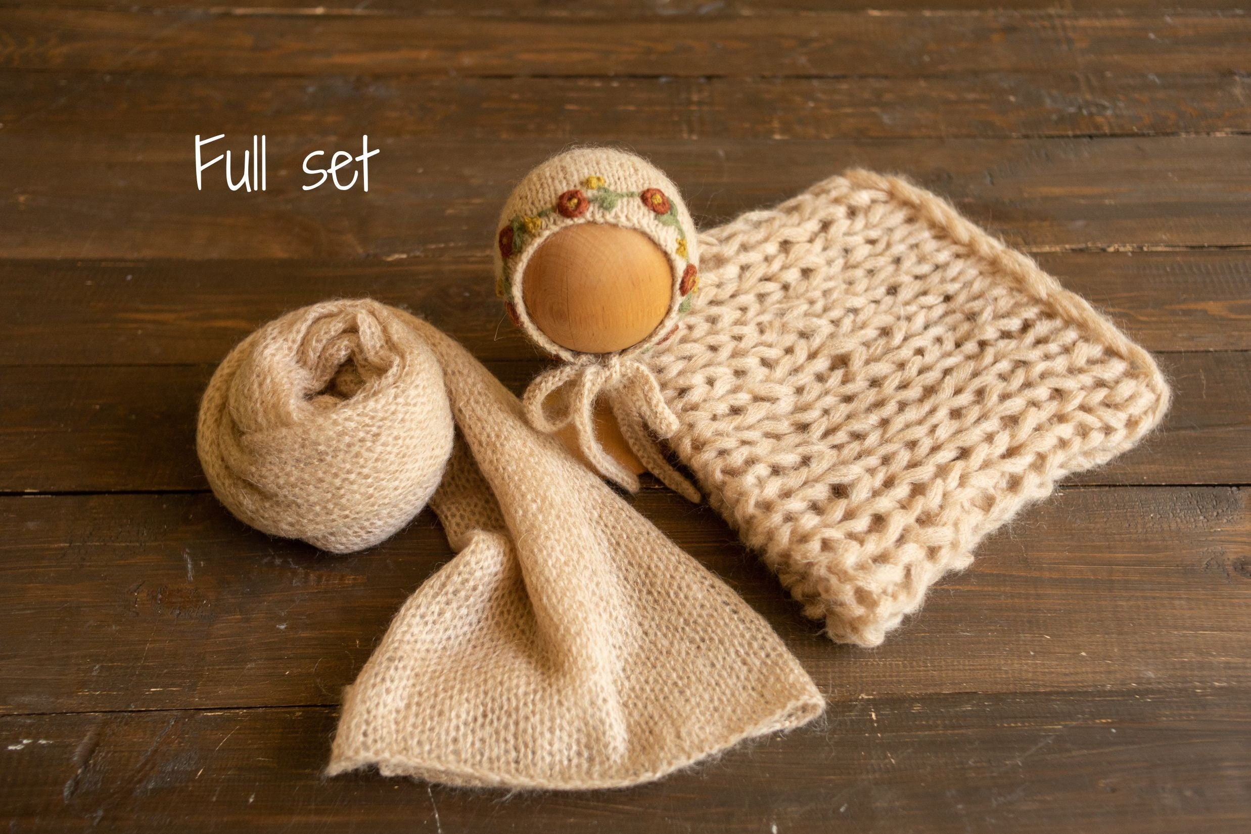 Newborn knitted bonnet, wrap, and blanket set – soft airy yarn for photography