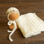 Newborn knitted bonnet, wrap, and blanket set – soft airy yarn for photography