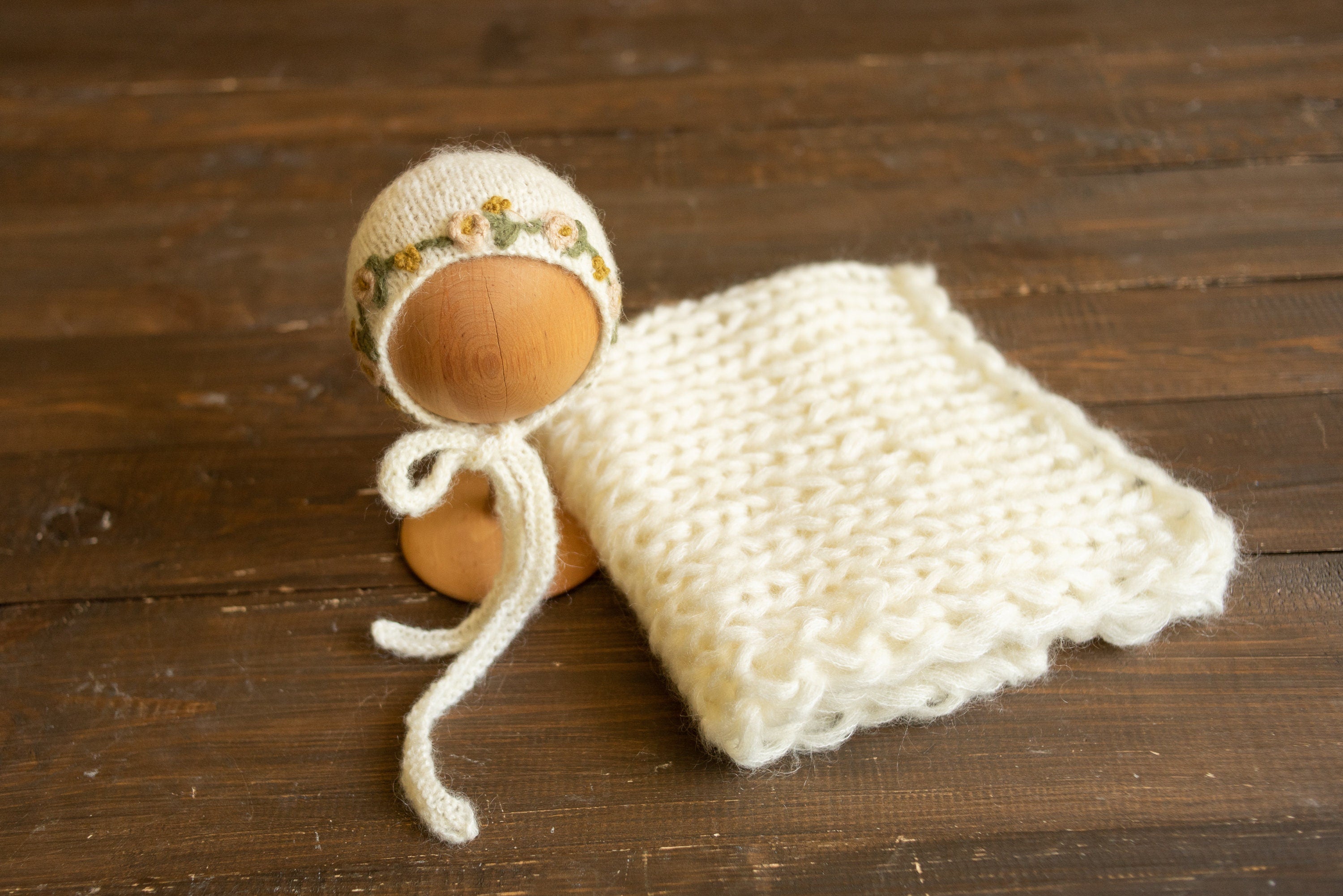 Newborn knitted bonnet, wrap, and blanket set – soft airy yarn for photography