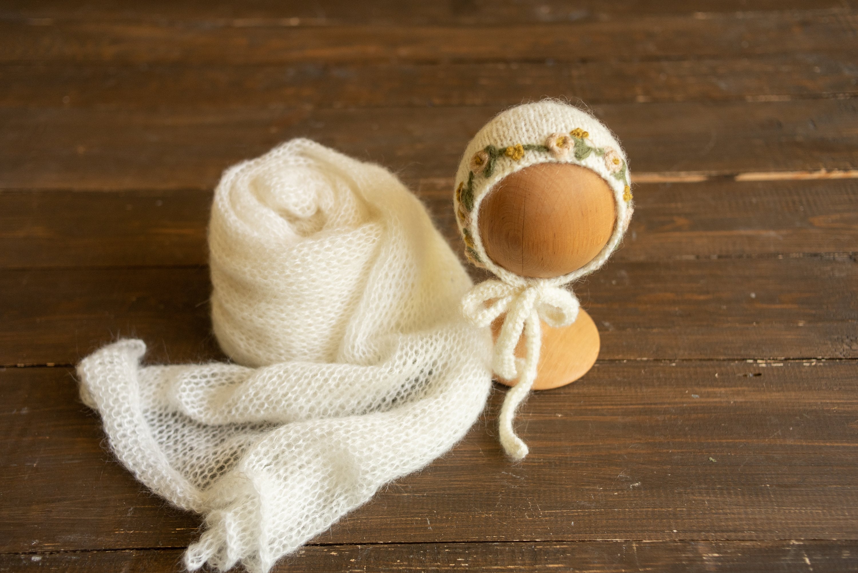 Newborn knitted bonnet, wrap, and blanket set – soft airy yarn for photography