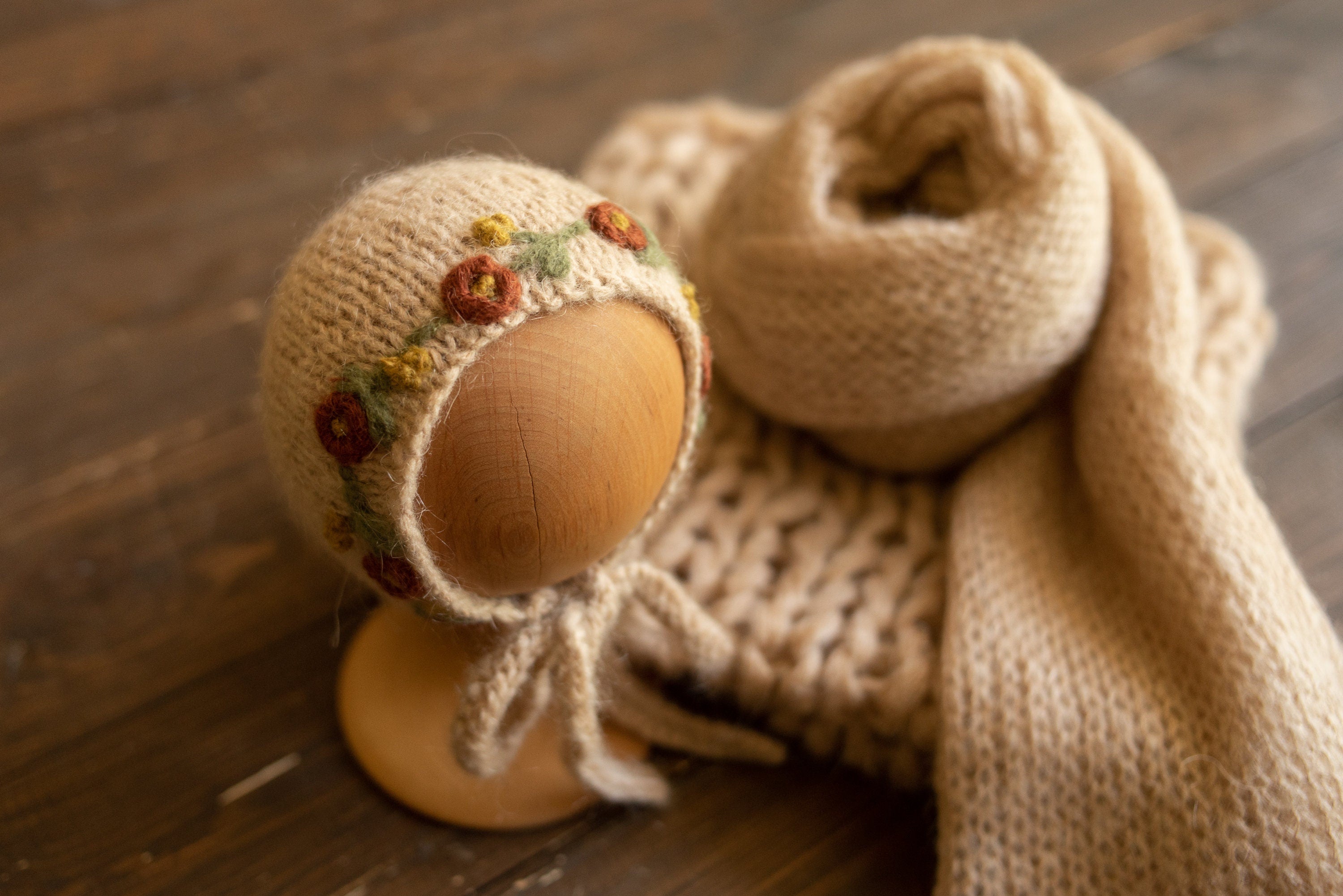 Newborn knitted bonnet, wrap, and blanket set – soft airy yarn for photography