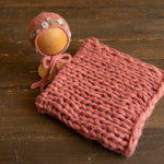 Newborn knitted bonnet, wrap, and blanket set – soft airy yarn for photography