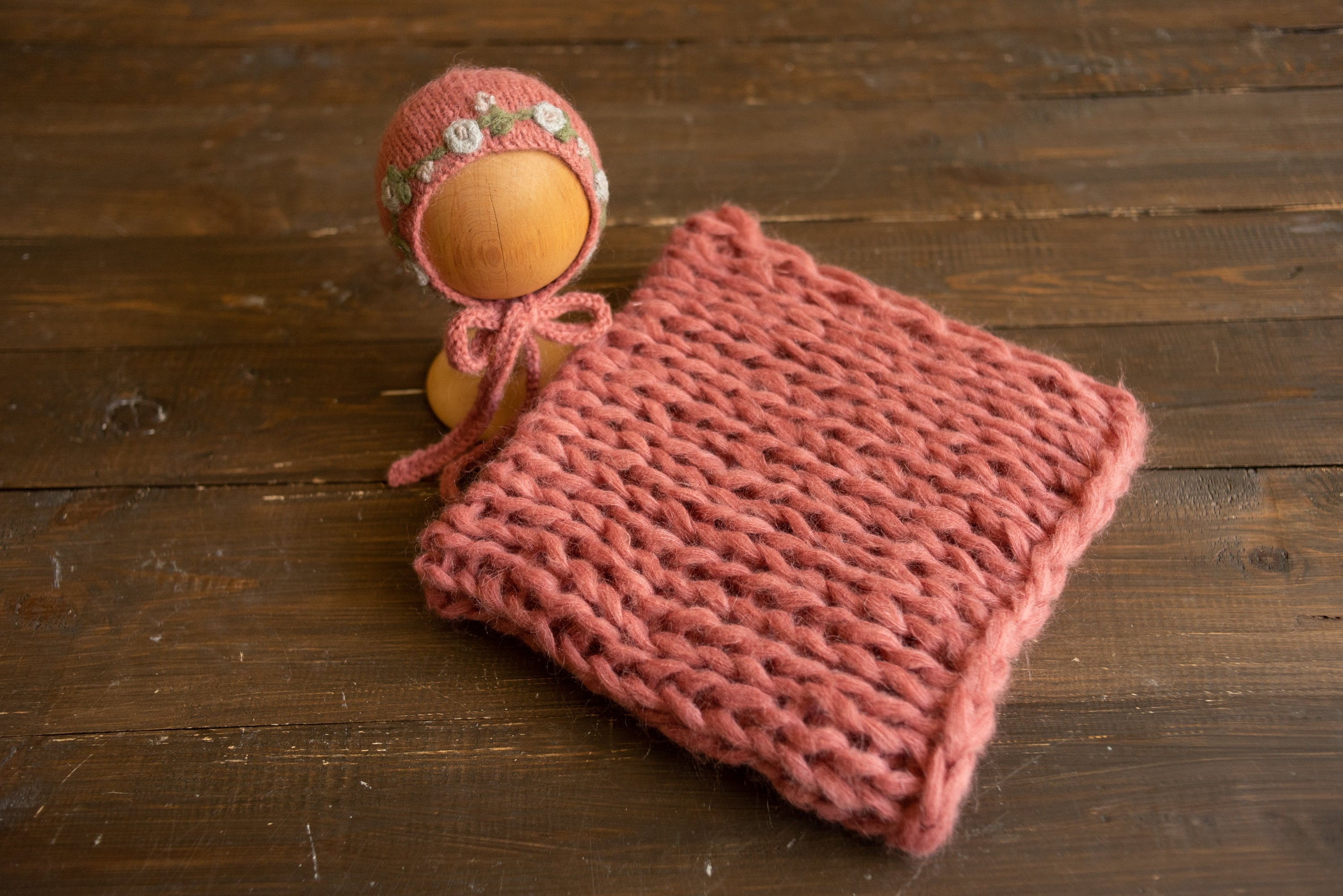 Newborn knitted bonnet, wrap, and blanket set – soft airy yarn for photography