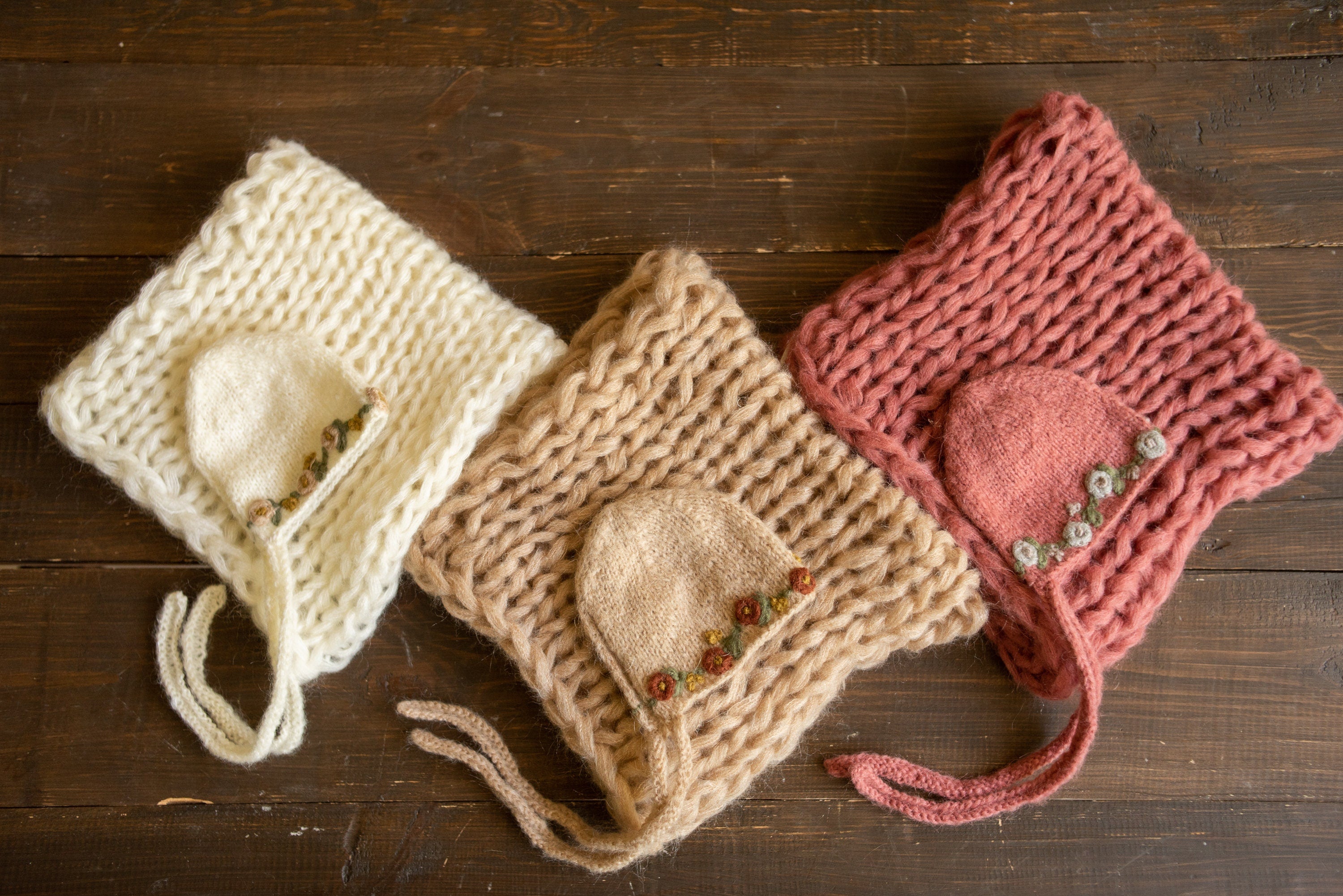 Newborn knitted bonnet, wrap, and blanket set – soft airy yarn for photography