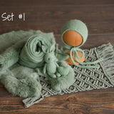 Sage Photo Props Set for Newborn Photography, Newborn Macrame Rug, Newborn Knitted Wrap and Bonnet, Newborn Fur Rug, Newborn Knitted Bonnet