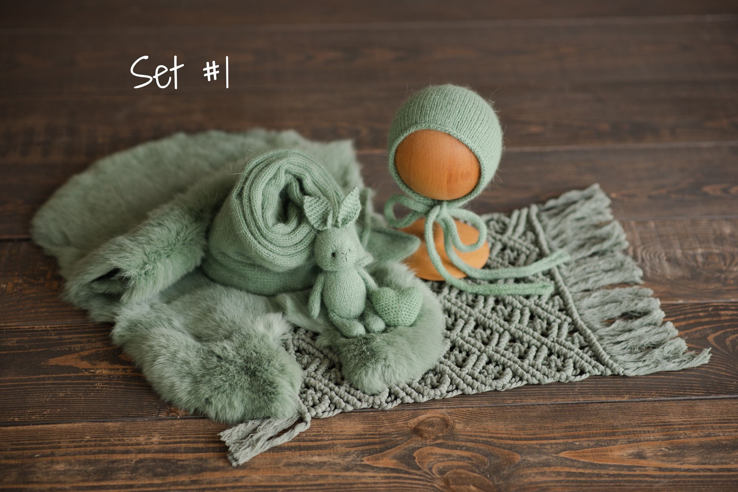 Sage Photo Props Set for Newborn Photography, Newborn Macrame Rug, Newborn Knitted Wrap and Bonnet, Newborn Fur Rug, Newborn Knitted Bonnet