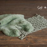 Sage Photo Props Set for Newborn Photography, Newborn Macrame Rug, Newborn Knitted Wrap and Bonnet, Newborn Fur Rug, Newborn Knitted Bonnet