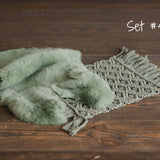 Sage Photo Props Set for Newborn Photography, Newborn Macrame Rug, Newborn Knitted Wrap and Bonnet, Newborn Fur Rug, Newborn Knitted Bonnet