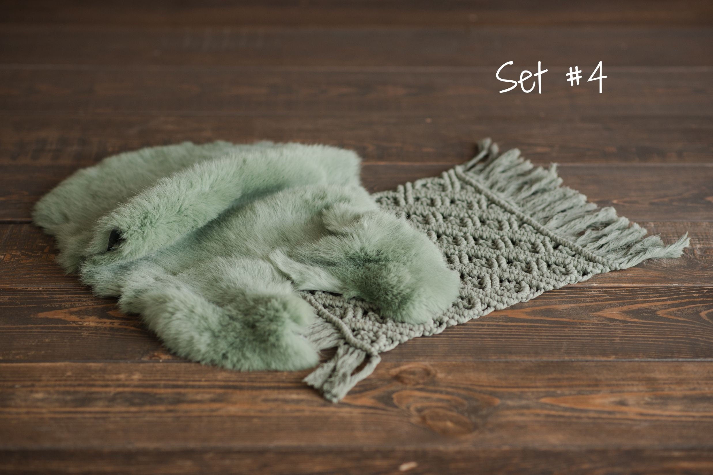 Sage Photo Props Set for Newborn Photography, Newborn Macrame Rug, Newborn Knitted Wrap and Bonnet, Newborn Fur Rug, Newborn Knitted Bonnet