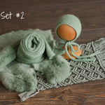 Sage Photo Props Set for Newborn Photography, Newborn Macrame Rug, Newborn Knitted Wrap and Bonnet, Newborn Fur Rug, Newborn Knitted Bonnet
