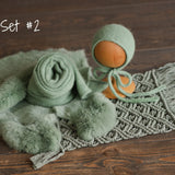 Sage Photo Props Set for Newborn Photography, Newborn Macrame Rug, Newborn Knitted Wrap and Bonnet, Newborn Fur Rug, Newborn Knitted Bonnet