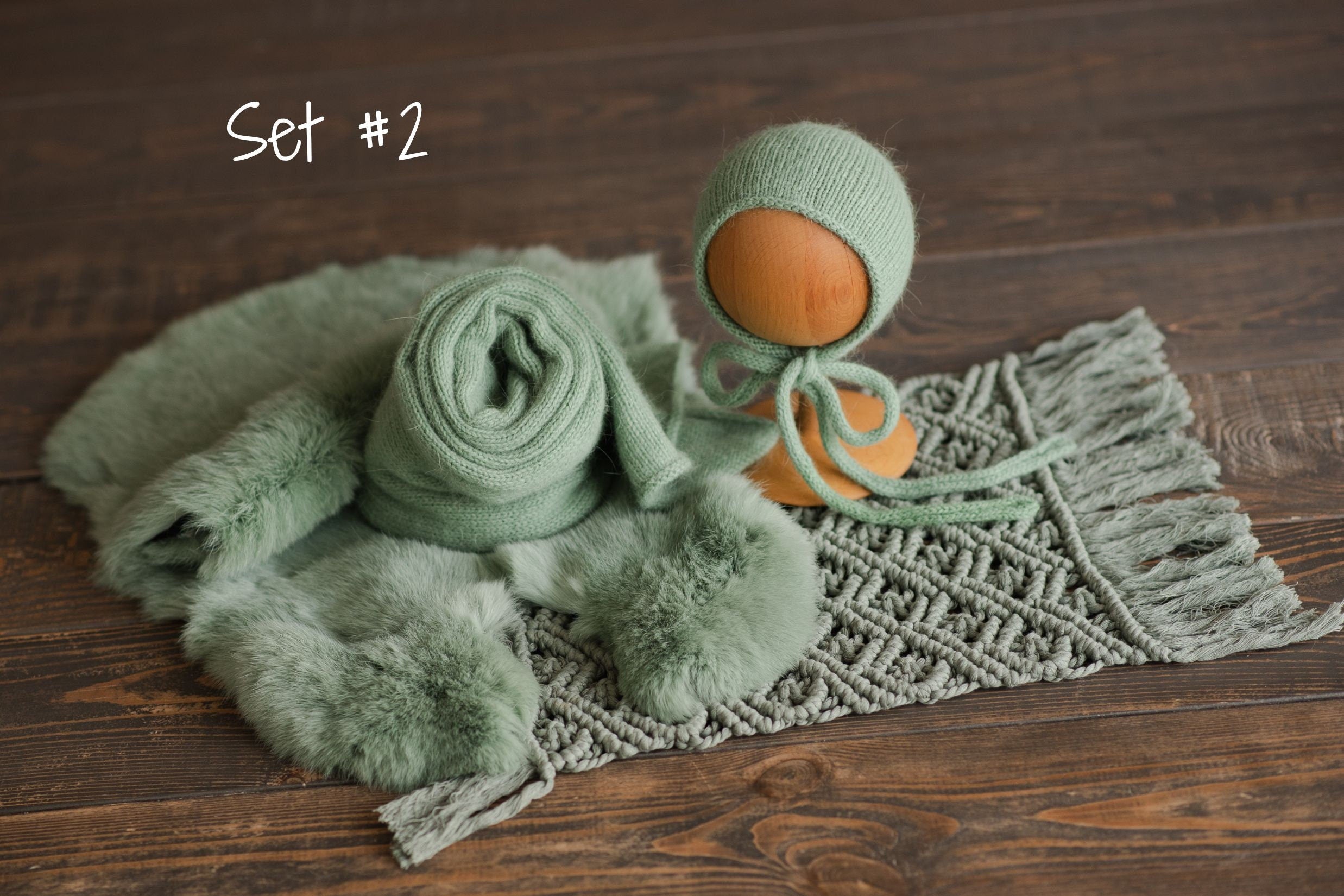 Sage Photo Props Set for Newborn Photography, Newborn Macrame Rug, Newborn Knitted Wrap and Bonnet, Newborn Fur Rug, Newborn Knitted Bonnet