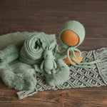 Sage Photo Props Set for Newborn Photography, Newborn Macrame Rug, Newborn Knitted Wrap and Bonnet, Newborn Fur Rug, Newborn Knitted Bonnet