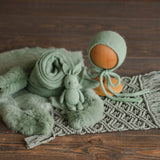 Sage Photo Props Set for Newborn Photography, Newborn Macrame Rug, Newborn Knitted Wrap and Bonnet, Newborn Fur Rug, Newborn Knitted Bonnet