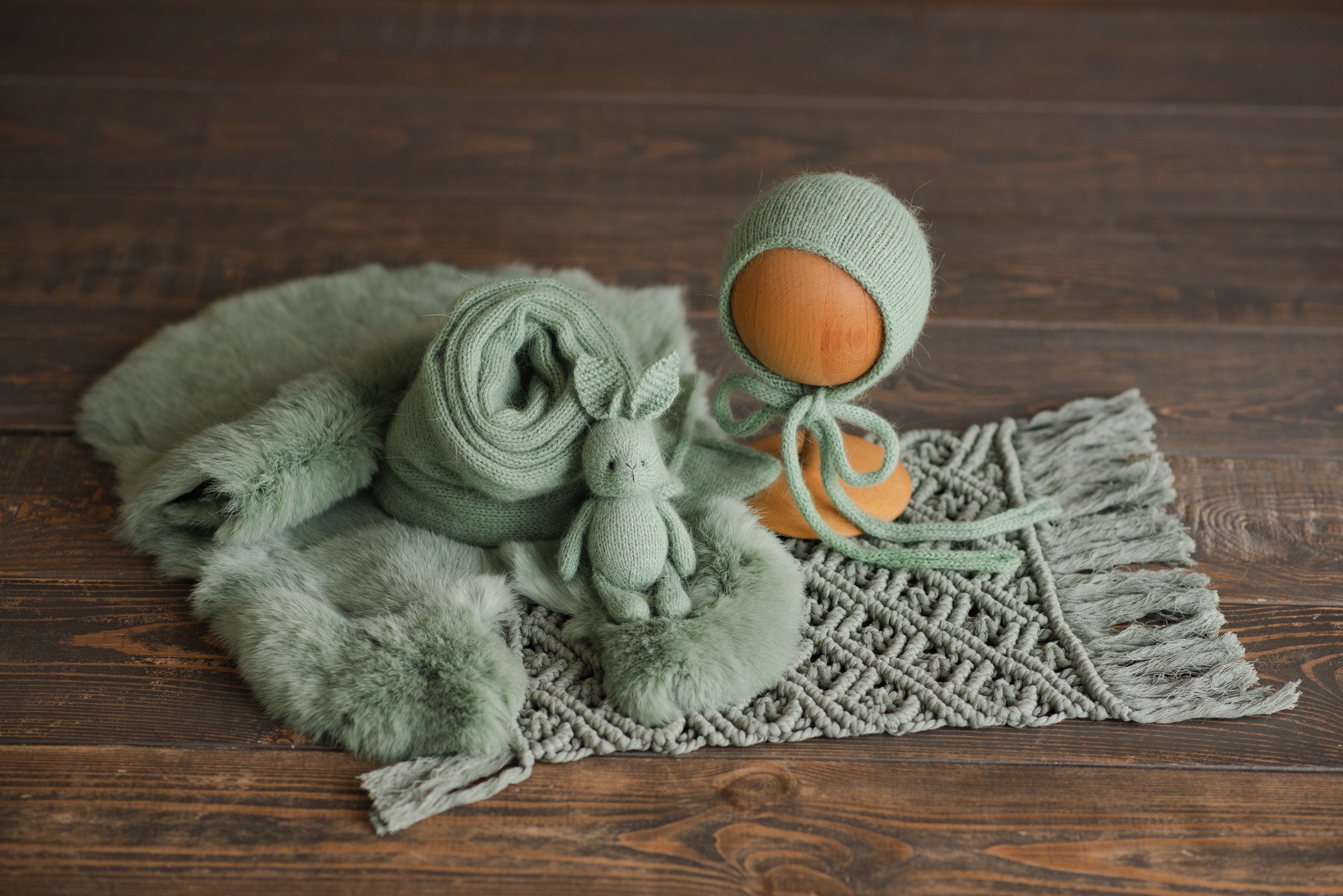 Sage Photo Props Set for Newborn Photography, Newborn Macrame Rug, Newborn Knitted Wrap and Bonnet, Newborn Fur Rug, Newborn Knitted Bonnet