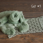 Sage Photo Props Set for Newborn Photography, Newborn Macrame Rug, Newborn Knitted Wrap and Bonnet, Newborn Fur Rug, Newborn Knitted Bonnet