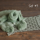 Sage Photo Props Set for Newborn Photography, Newborn Macrame Rug, Newborn Knitted Wrap and Bonnet, Newborn Fur Rug, Newborn Knitted Bonnet