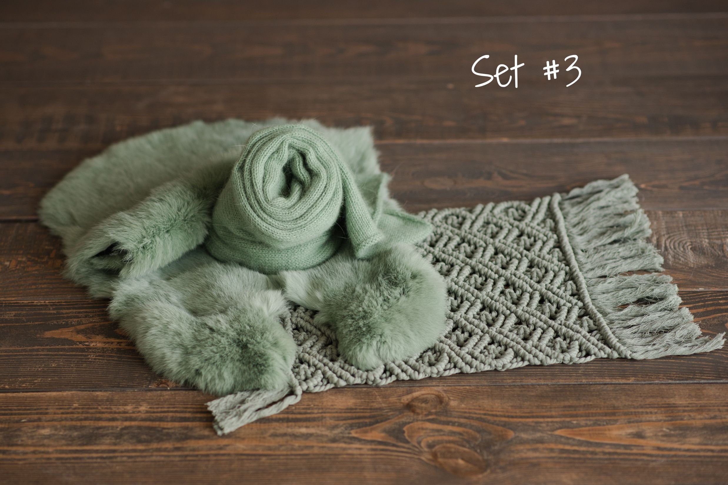 Sage Photo Props Set for Newborn Photography, Newborn Macrame Rug, Newborn Knitted Wrap and Bonnet, Newborn Fur Rug, Newborn Knitted Bonnet