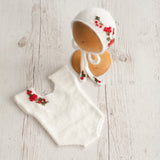 Newborn Knitted Romper for Girl with Bonnet & Wrap, Newborn Christmas Outfit Girl, Newborn Photography Props, Newborn Photo Props Set