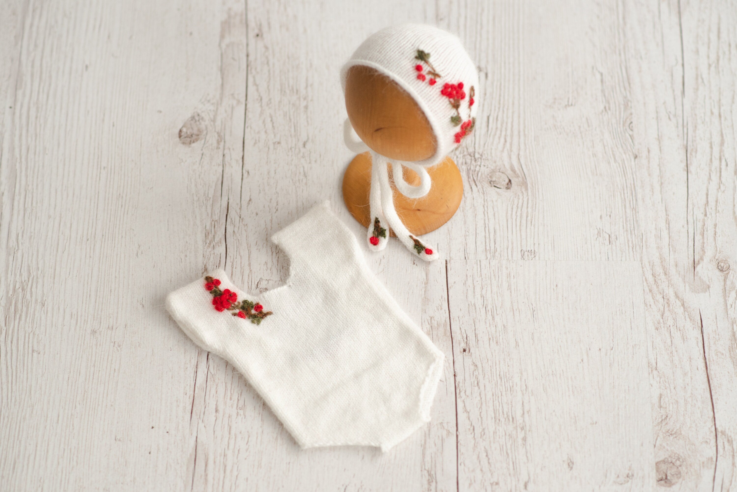 Newborn Knitted Romper for Girl with Bonnet & Wrap, Newborn Christmas Outfit Girl, Newborn Photography Props, Newborn Photo Props Set